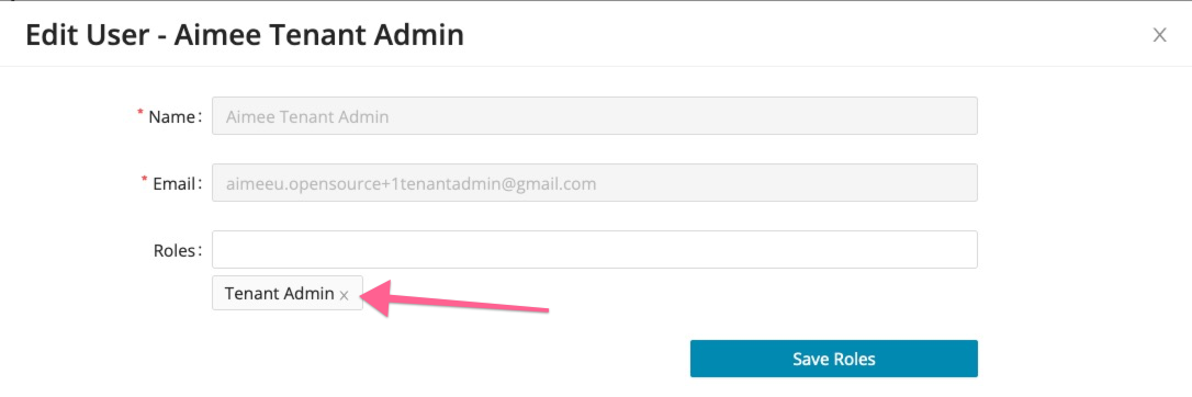 User role with arrow pointing at 'x' to delete